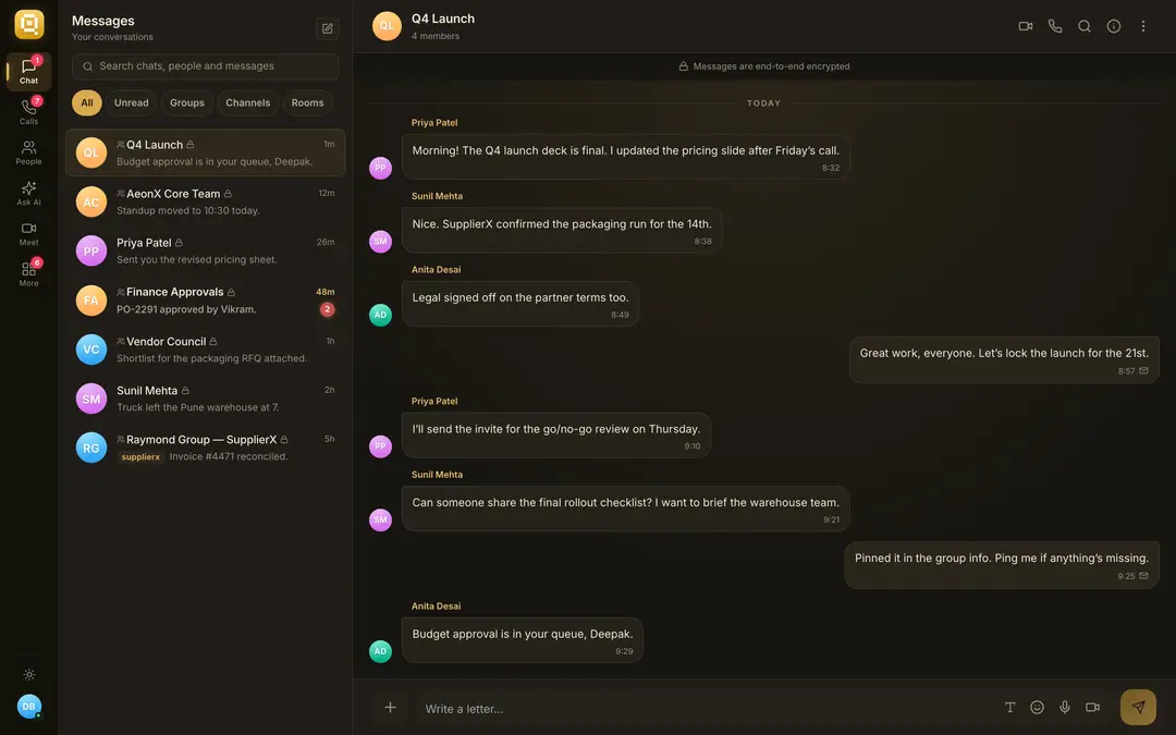The QuiC web app: a team group chat with the notice “Messages are end-to-end encrypted”, next to the conversation list.