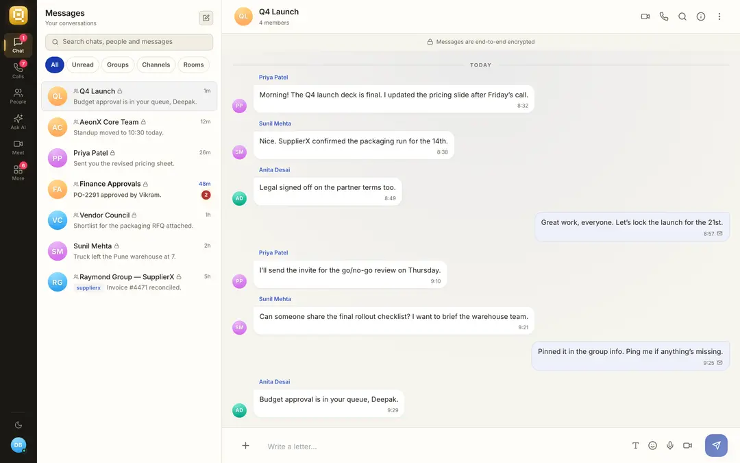 The QuiC web app: a team group chat with the notice “Messages are end-to-end encrypted”, next to the conversation list.